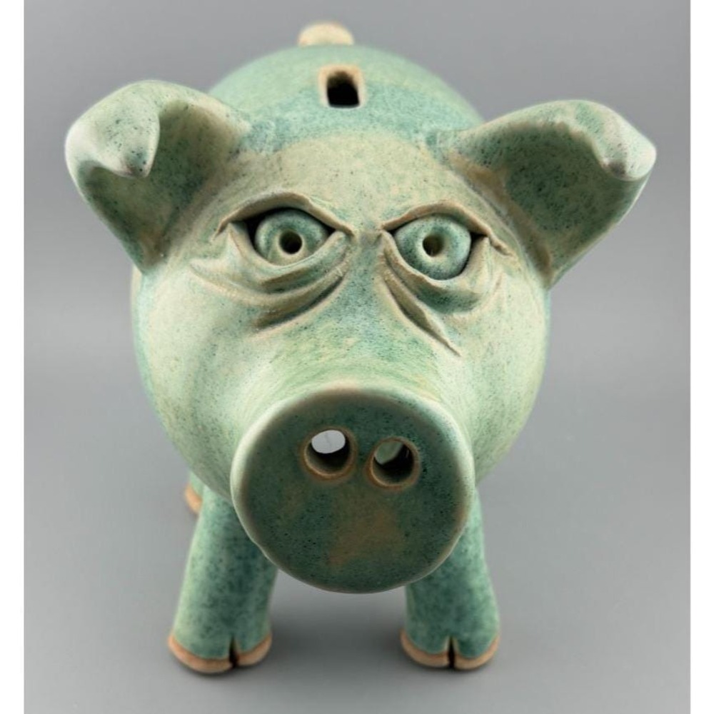 Vintage Piggy Bank Studio Pottery Jim Simister Standing Sculpture Green 8.5"